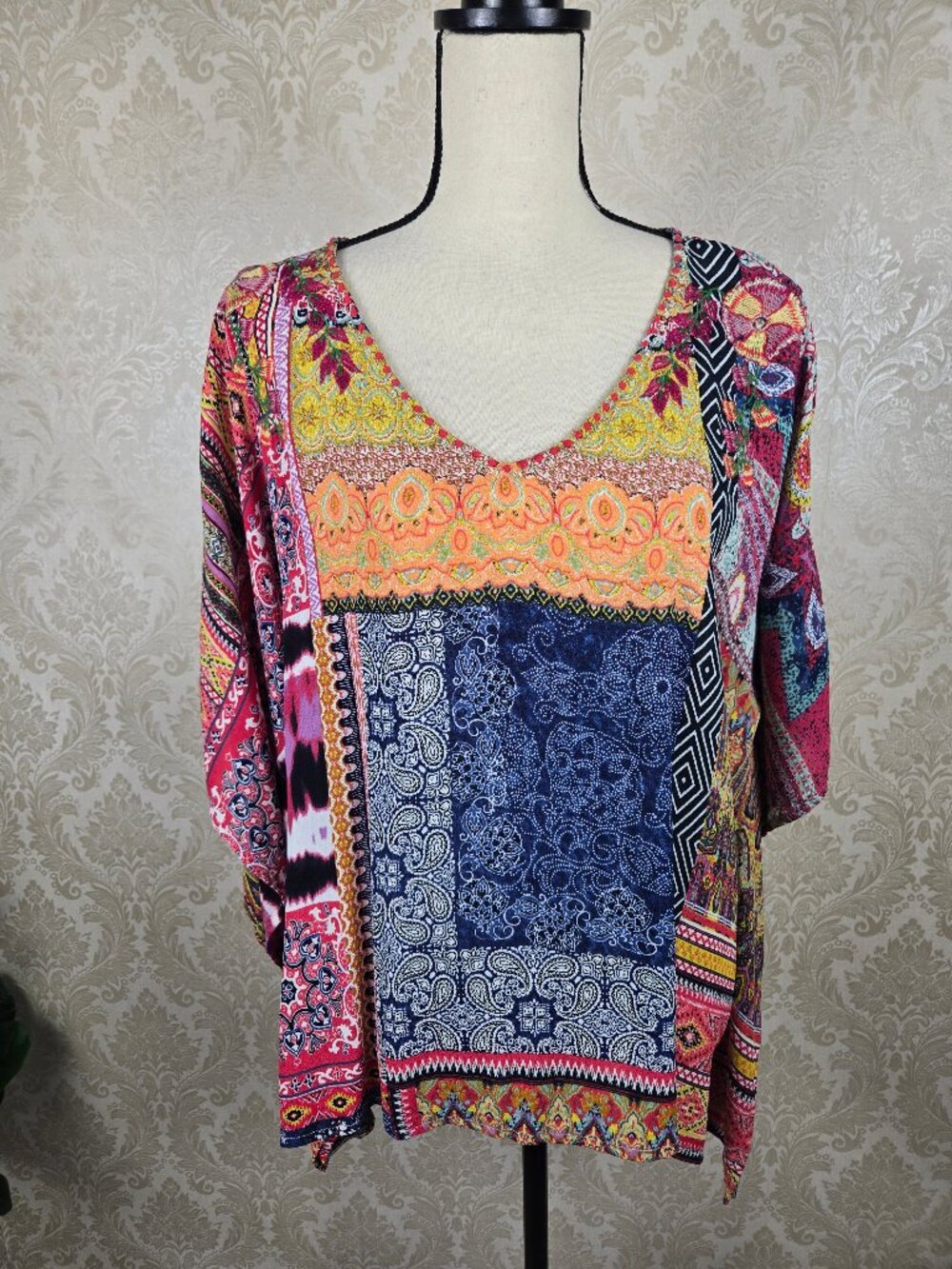 Desigual Size Medium Colorful Mixed Media Boho Blouse Vneck Embroidered